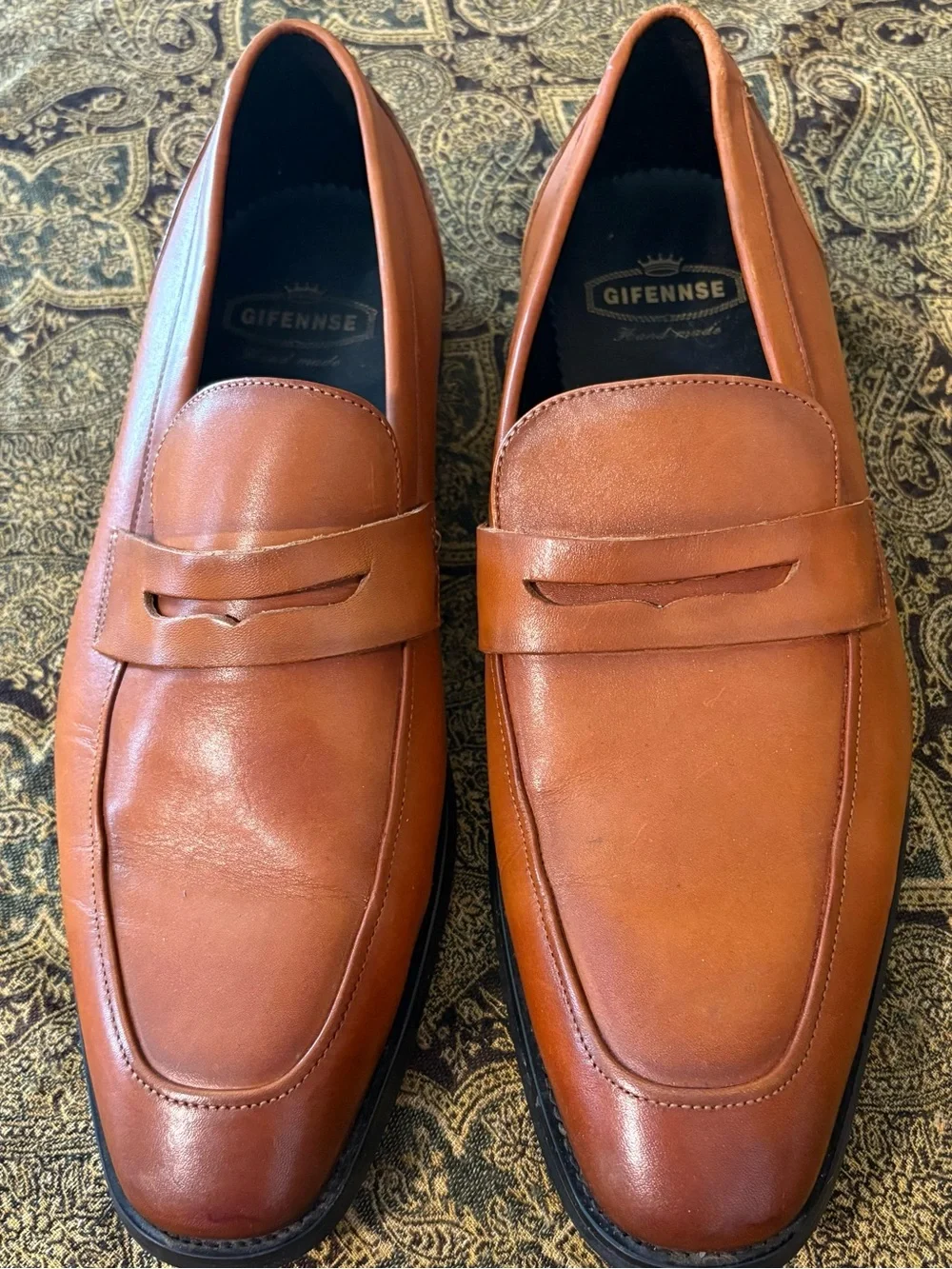 GIFENNSE Men's Cognac Leather Penny Loafers Italian hand made 11 1/2